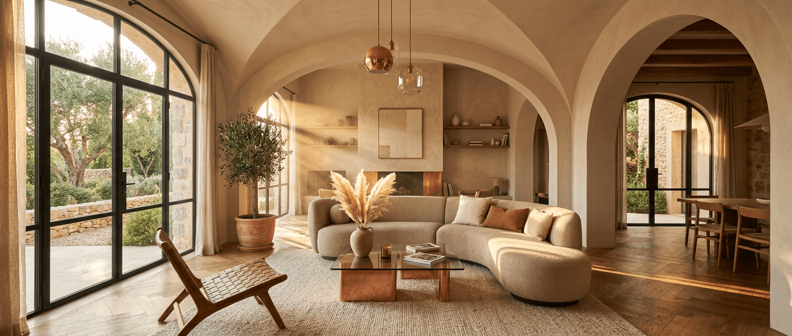 Warm modern interieur met boogvormen en gouden licht